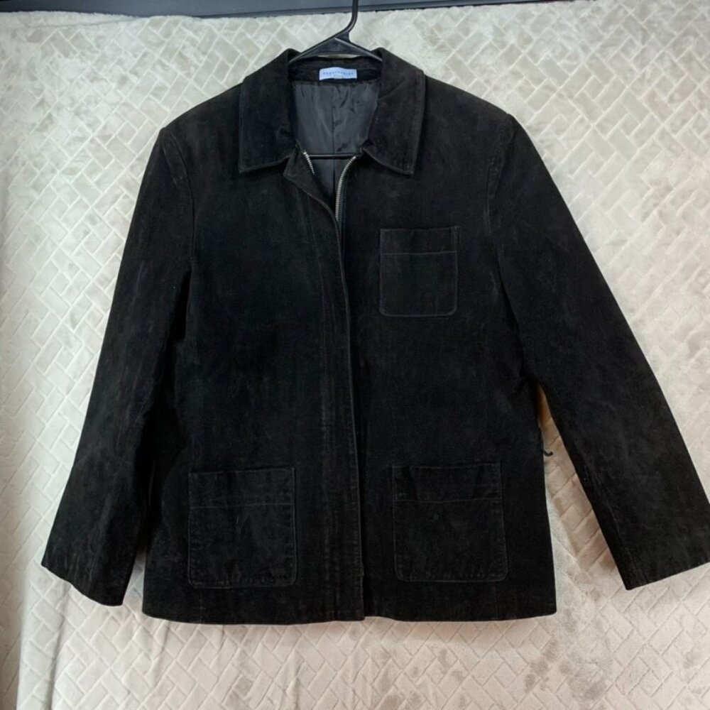 Territories Womens Large Suede Leather Jacket Black Short Boxy Fit Zip Up
